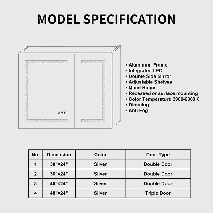 36-inch led bathroom mirror medicine cabinet dimensions chart