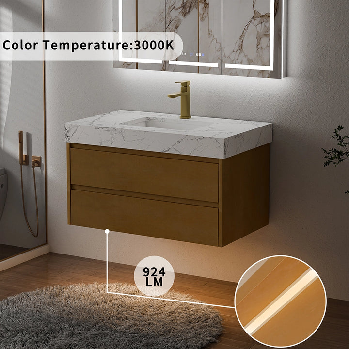 36 inch maple floating bath vanity with 3000K warm ambient LED light