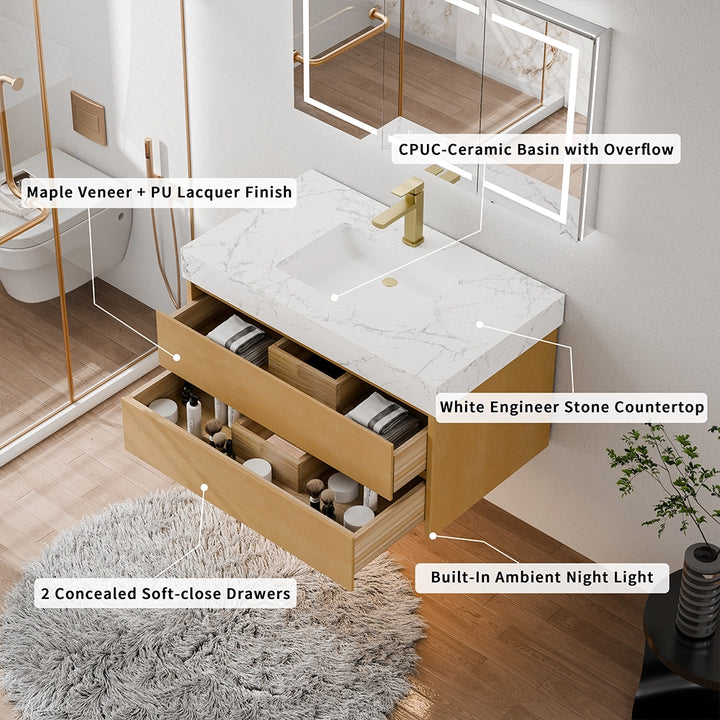 36 inch maple floating bath vanity with ceramic basin and stone countertop