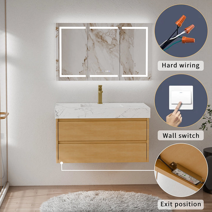 36 inch maple floating bath vanity with hardwired wall switch installation