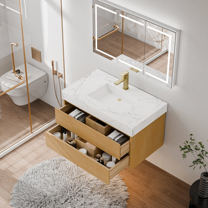 36 inch maple floating bath vanity with open drawers and marble top