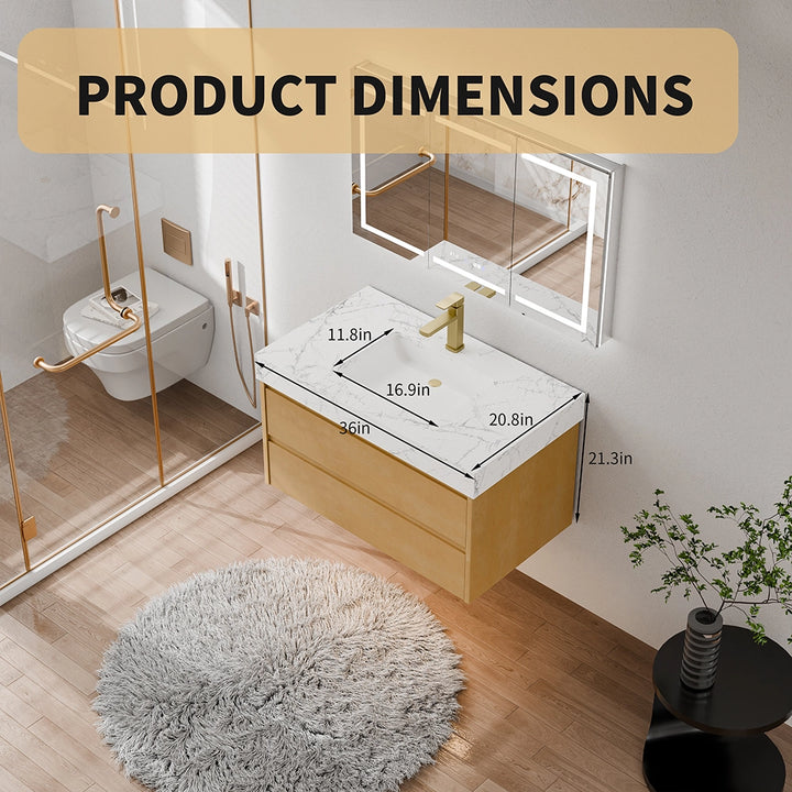 36 inch maple floating bath vanity product dimensions top view with sink