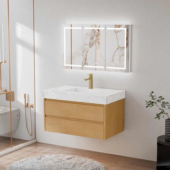 36 inch maple floating bath vanity with marble top side angle view