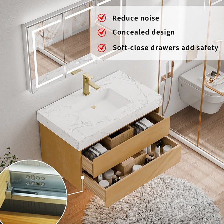 36 inch maple floating bath vanity with concealed soft close drawers design