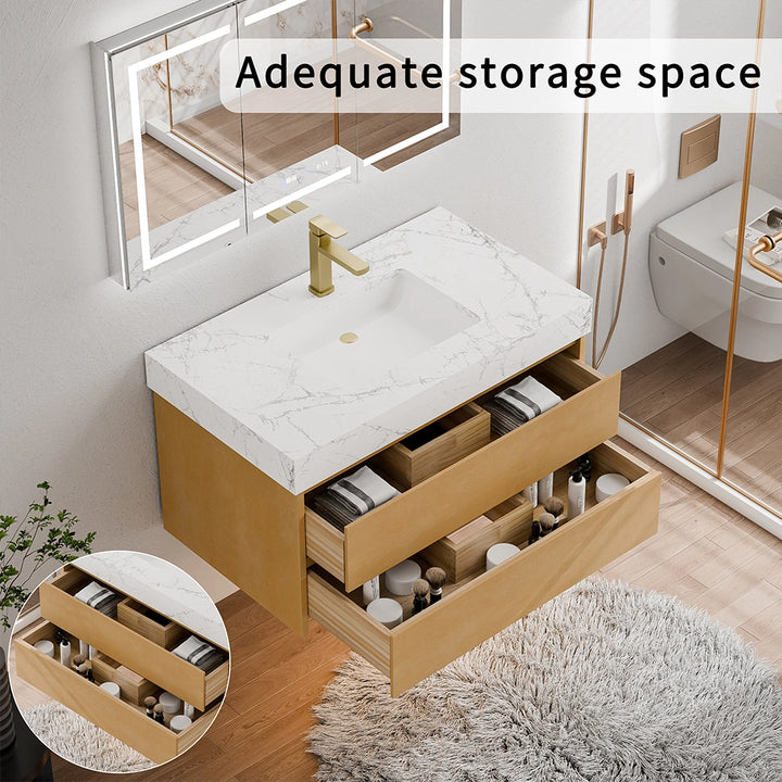 36 inch maple floating bath vanity with ample storage soft close drawers