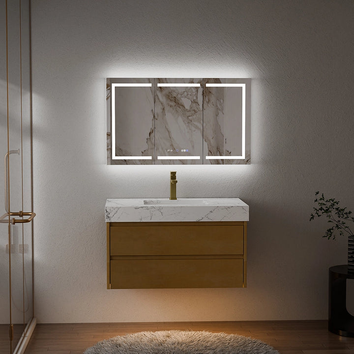 36 inch maple floating bath vanity with LED mirror lighting modern setup