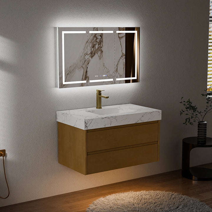 36 inch maple floating bath vanity with marble sink and LED mirror light