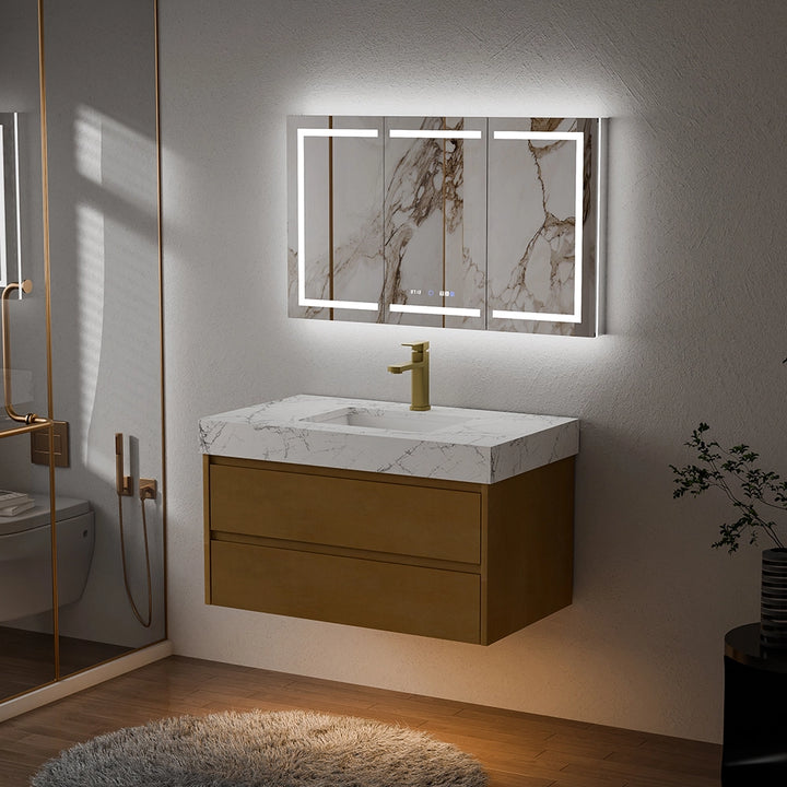 36 inch maple floating bath vanity with marble top and LED mirror light