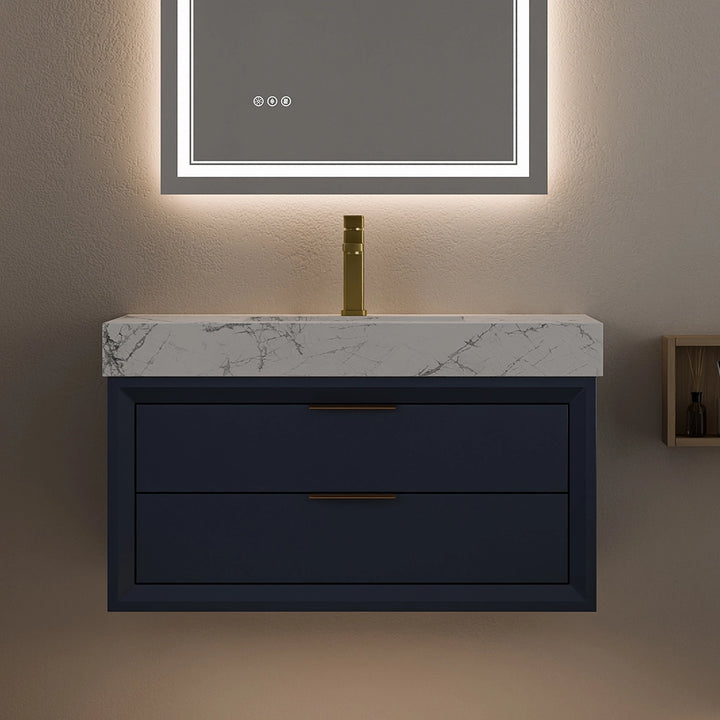 36 inch blue solid wood floating bathroom vanity with marble top