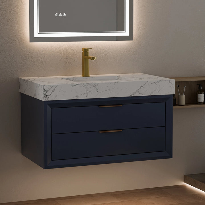 36 inch blue solid wood floating bathroom vanity with marble top