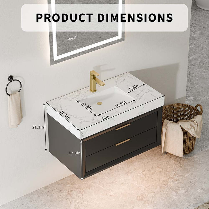 36-inch wall-mounted bathroom vanity with detailed dimensions