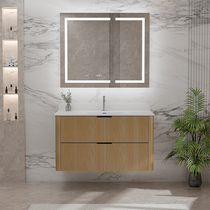 36 inch wall mounted reeded oaken bathroom vanity