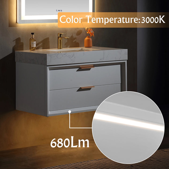 36 inch white floating bath vanity with 3000K lighting 680 lumens