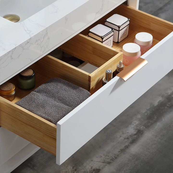 36 inch white floating bath vanity drawer with organized storage