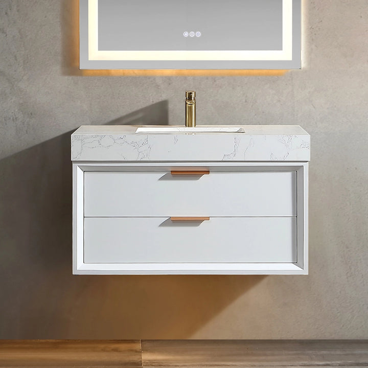 36 inch white floating bath vanity front view with sink