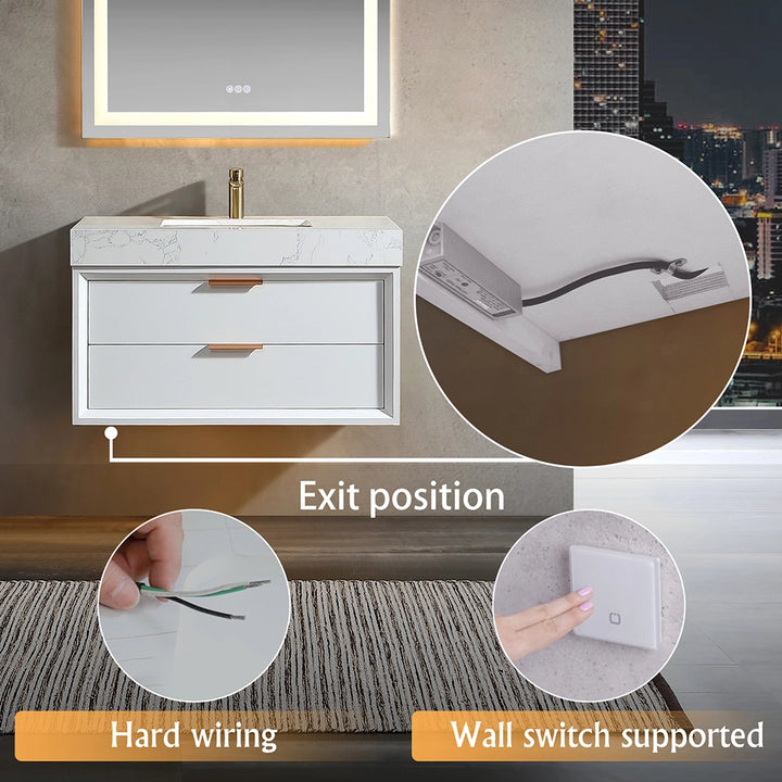 36 inch white floating bath vanity with hard wiring wall switch