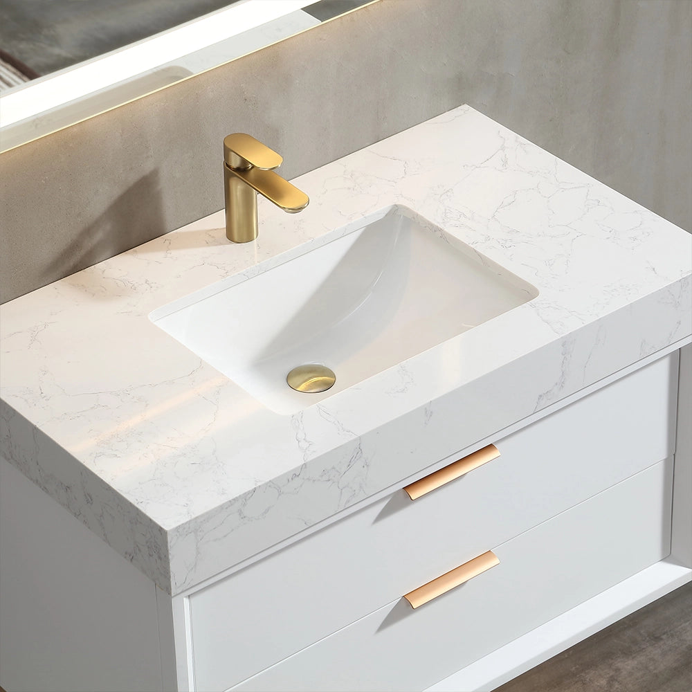 36 inch white floating bath vanity with marble top and gold faucet