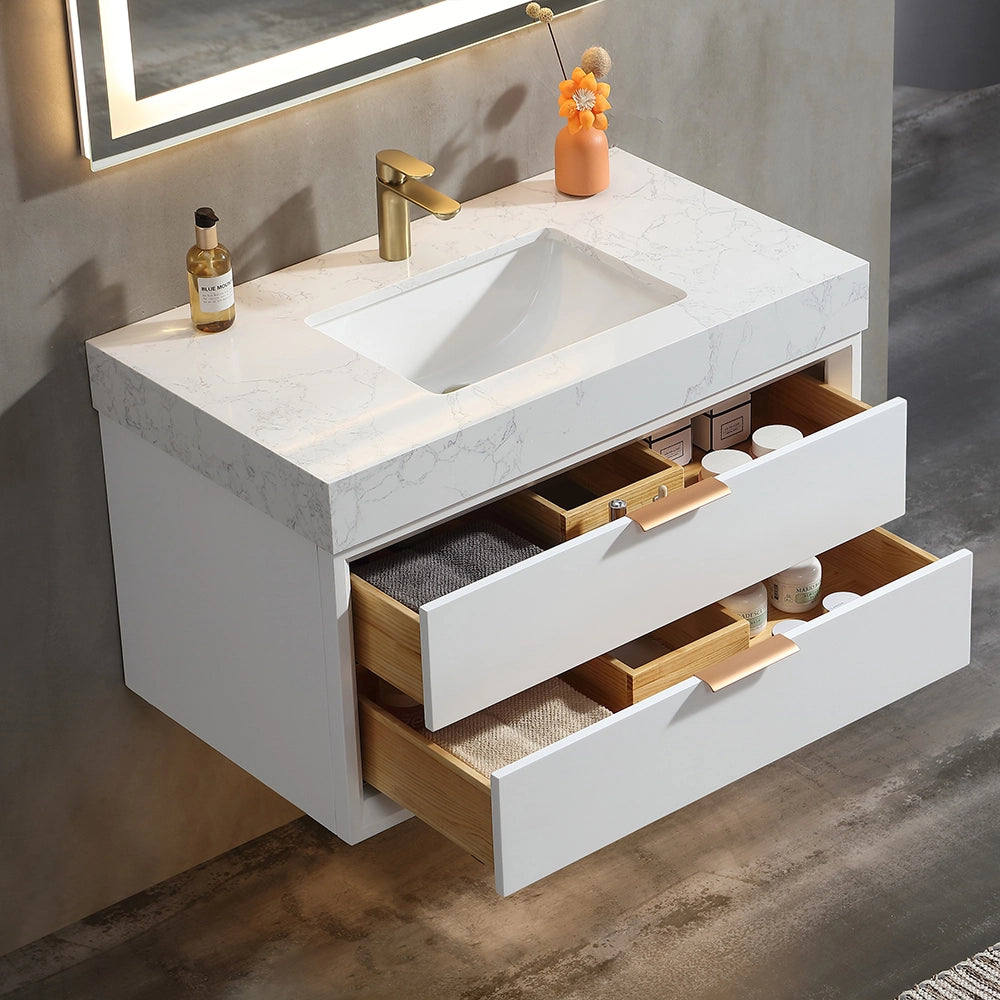 36 inch white floating bath vanity with open drawers and storage