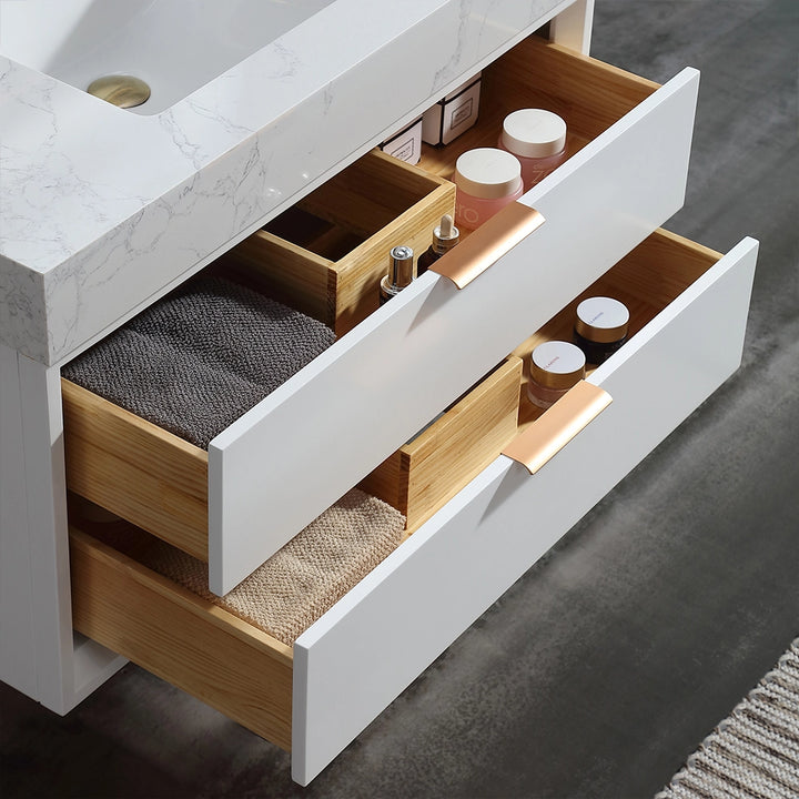 36 inch white floating bath vanity with open drawers and storage