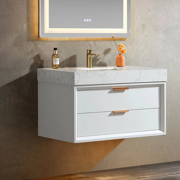 36 inch white floating bath vanity side angle with gold faucet