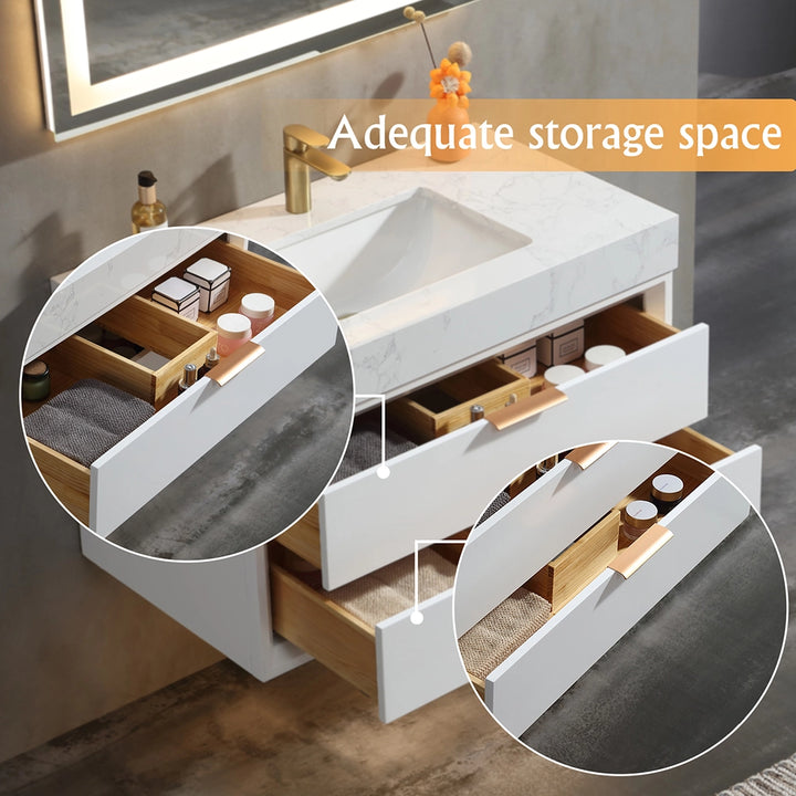 36 inch white floating bath vanity with large storage drawers