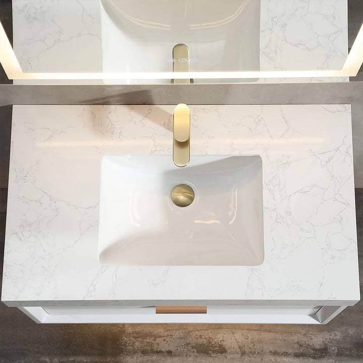 36 inch white floating bath vanity top view with basin and faucet