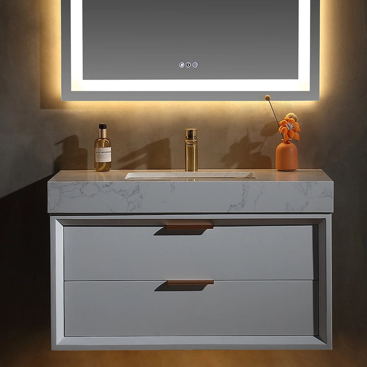 36 inch white floating bath vanity front view with LED mirror