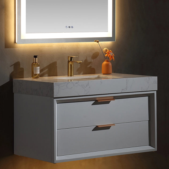 36 inch white floating bath vanity under LED mirror lighting