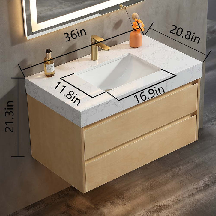 36 inch modern floating vanity with marble top and sink dimensions