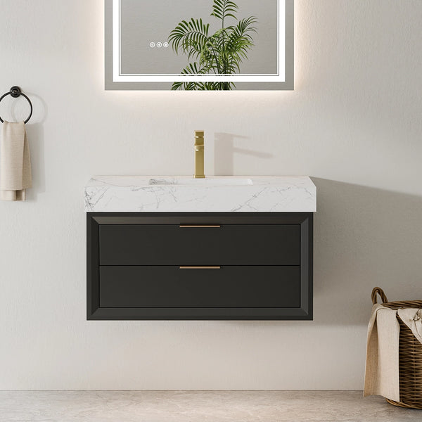 36 inch solid wood floating bathroom vanity in black with marble top