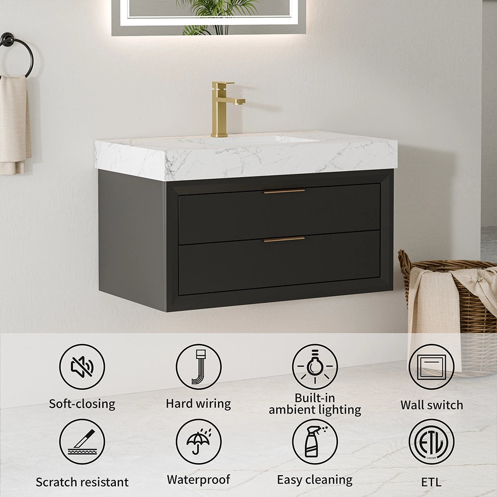 36 inch black solid wood floating bathroom vanity with sink
