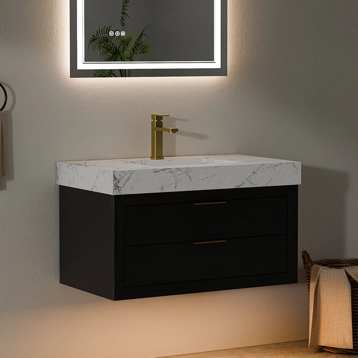 36 inch black solid wood floating vanity with marble top