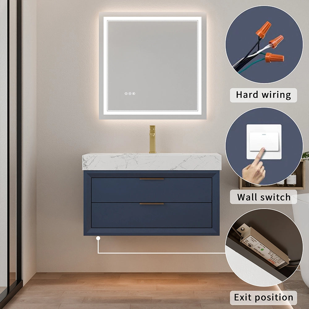 36inch blue solid wood floating vanity with hard wiring and wall switch