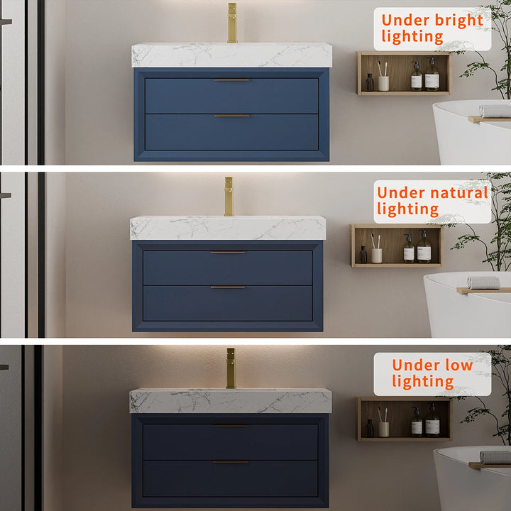 blue 36 inch floating vanity solid wood front view