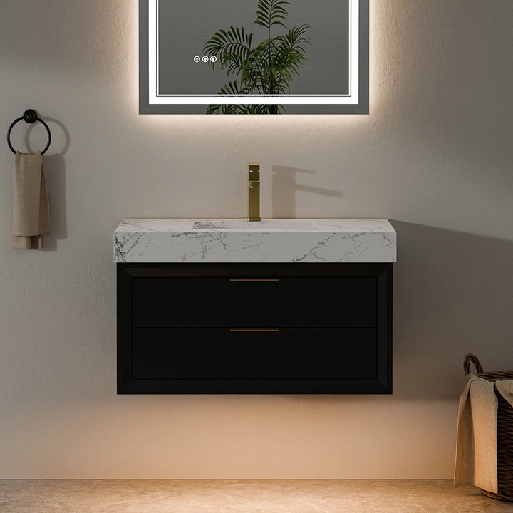 36 inch solid wood black floating bathroom vanity with marble top