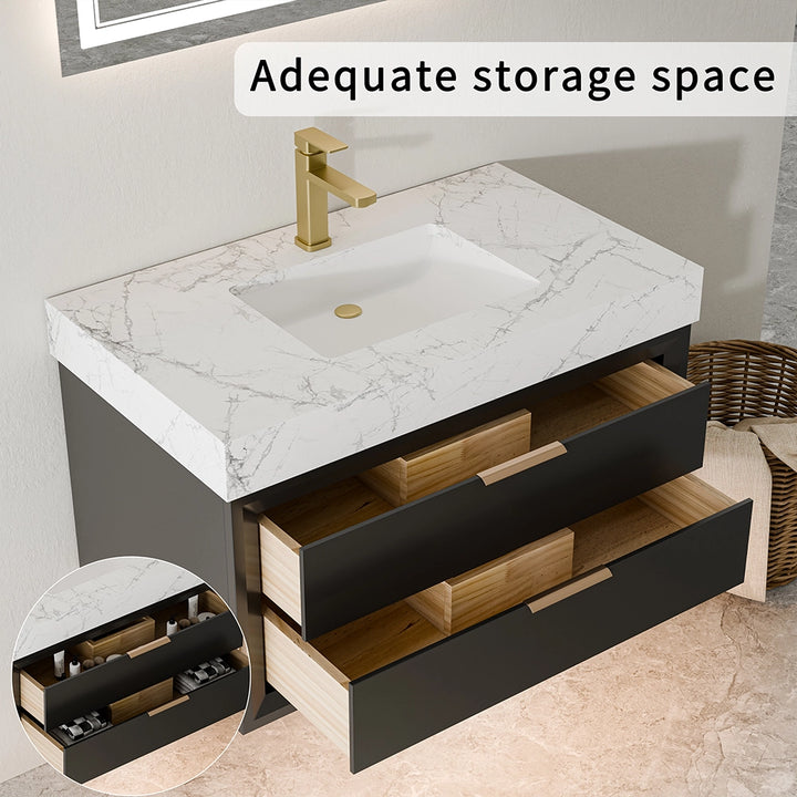 36 inch solid wood floating vanity in black with storage drawers