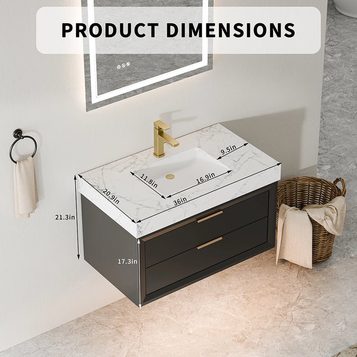 36 inch solid wood black floating bathroom vanity with sink