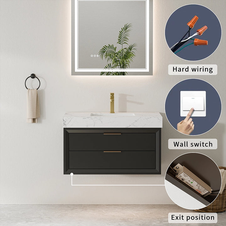 36 inch black solid wood floating bathroom vanity with sink