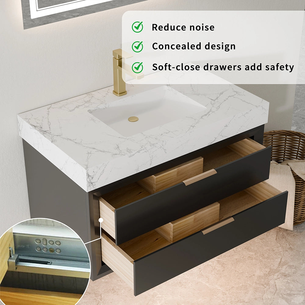 36 inch solid wood black floating vanity with soft close drawers