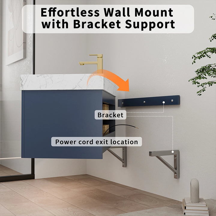Vanity Support 36 Inch Solid Wood Floating Vanity with Single Sink Marble Countertop ...