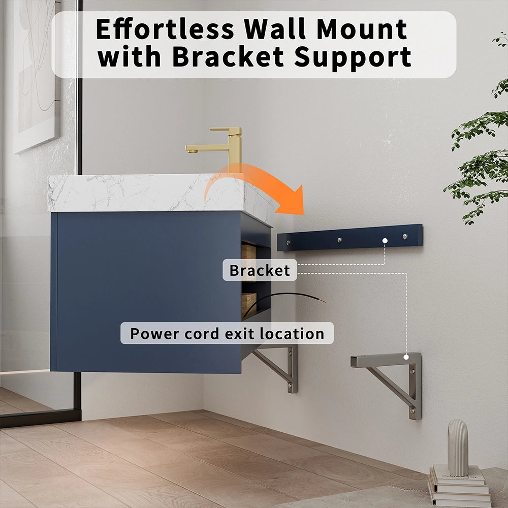 36 inch blue solid wood floating vanity with wall bracket support