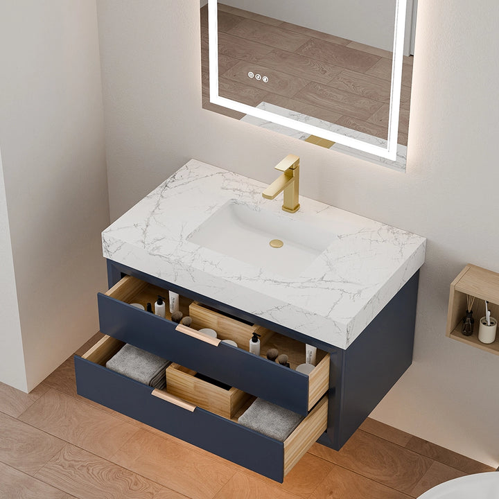 36 inch blue solid wood floating bathroom vanity with sink