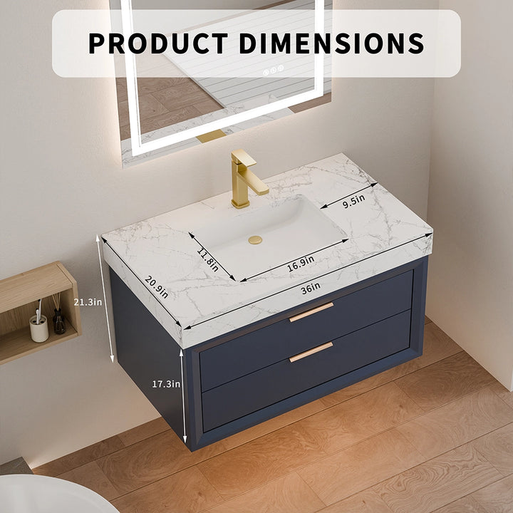 36 inch solid wood floating vanity in blue with product dimensions