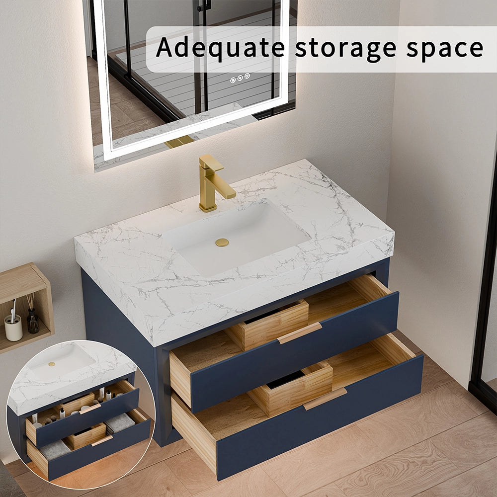 36 inch blue solid wood floating vanity with open storage drawers