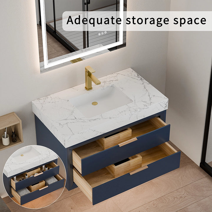 36 inch blue solid wood floating vanity with open storage drawers