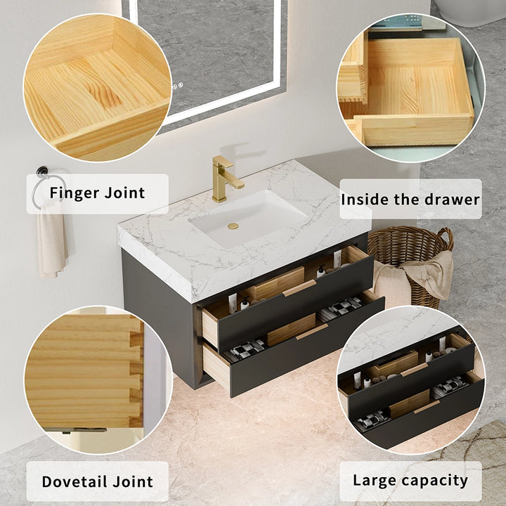 36 inch black solid wood floating vanity with marble countertop