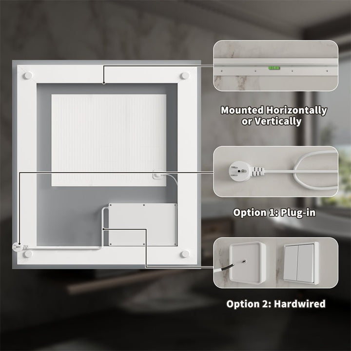 36x36 inch LED Mirror Installation Back View Power Options