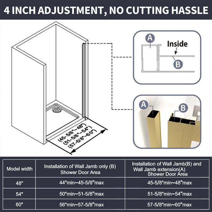 Shower door with 4-inch adjustment range, no cutting required for installation.