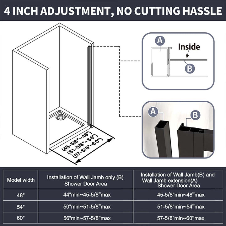 Shower door with 4-inch adjustment range, no cutting required for installation.