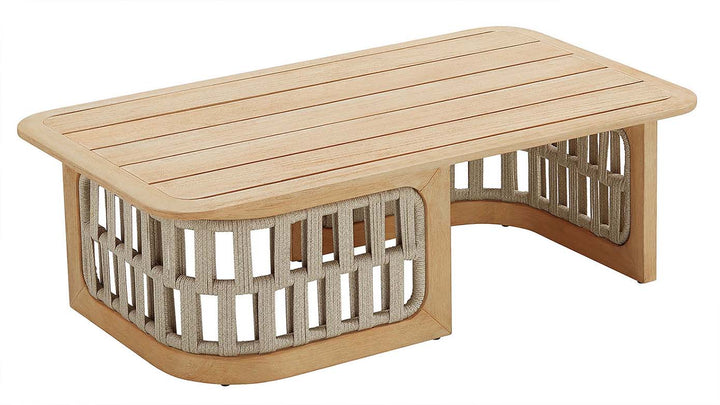 Outdoor rectangular coffee table with teak top and rope weave base from 4-Pieces Patio Sofa Set